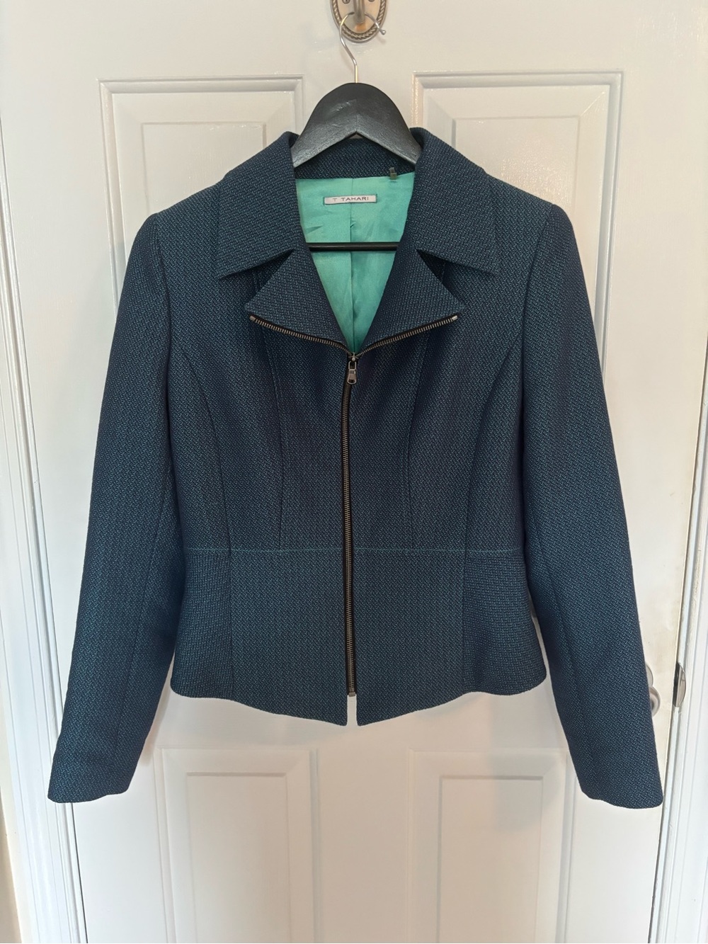 Make offer! Tahari Teal-Black Zip Front Women's Lined Blazer 10